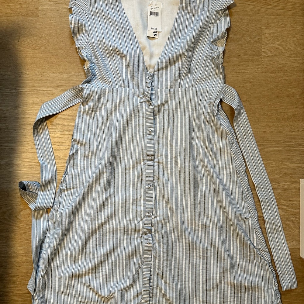 NWT Blue Striped Button Down Dress with Ruffle Sleeves and Waist Tie